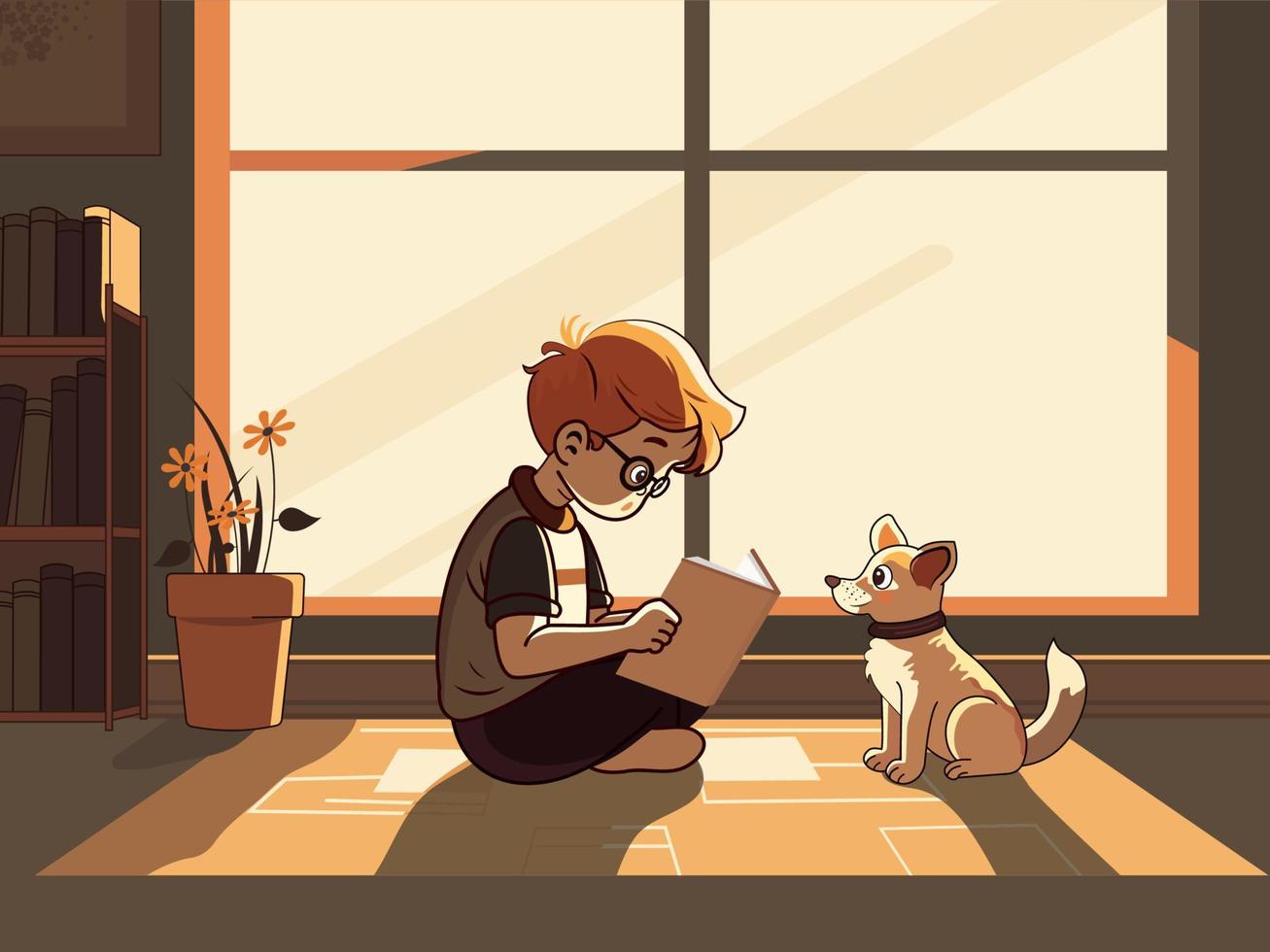 Vector Illustration of Cute Boy Character Reading A Book Near The Dog, Plant Vase, Bookshelves On Window Background.