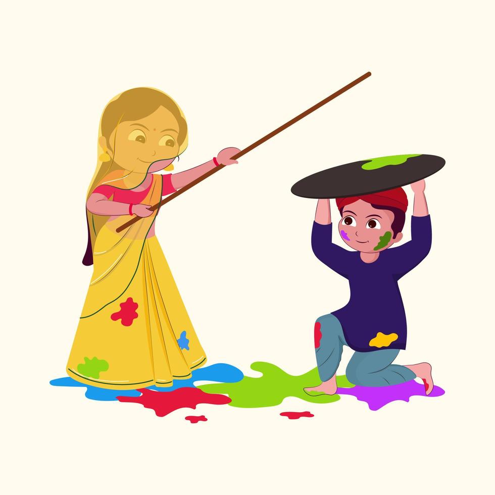 Cute Couple Character Presenting Lathmar Holi On Colourful Splash Background. vector