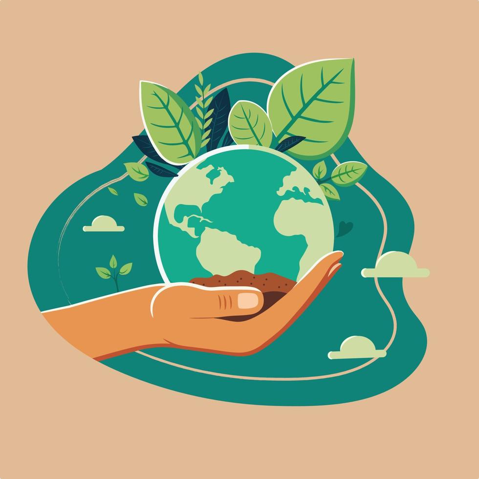 Human Hands Holding Soil With Earth Globe, Leaves On Teal And Brown Background. vector