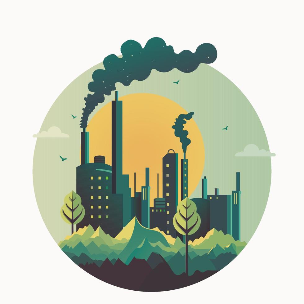 Environment Pollution By Industry On Sun Nature Landscape Background In Circle Shape. vector