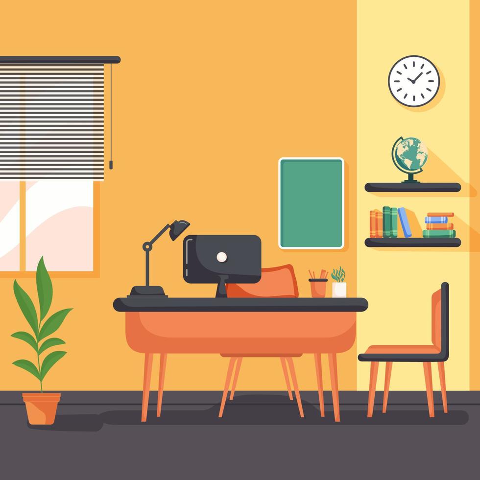 salón de clases o estudiar habitación necesario mobiliario como escritorio, computadora, mesa lámpara, bolígrafo poseedor, estantería, vacío junta, pared reloj y rodillo persianas ventana. vector