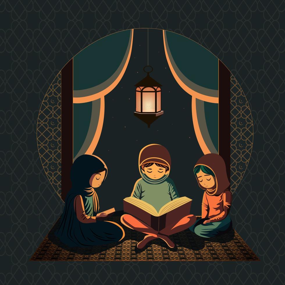 Illustration Of Muslim Young Girls Reading Quran Together At Night Against Islamic Circular Window Or Door. vector