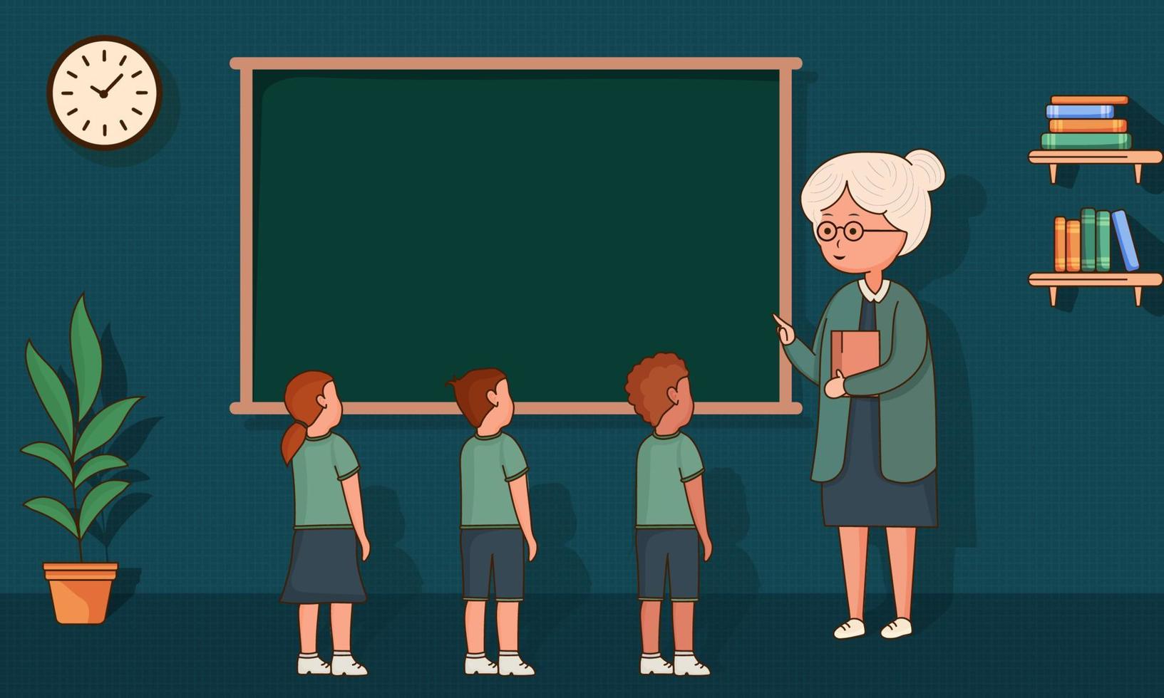 hembra profesor personaje dando instrucciones a su estudiantes en frente de vacío verde tablero en salón de clases interior vista. vector