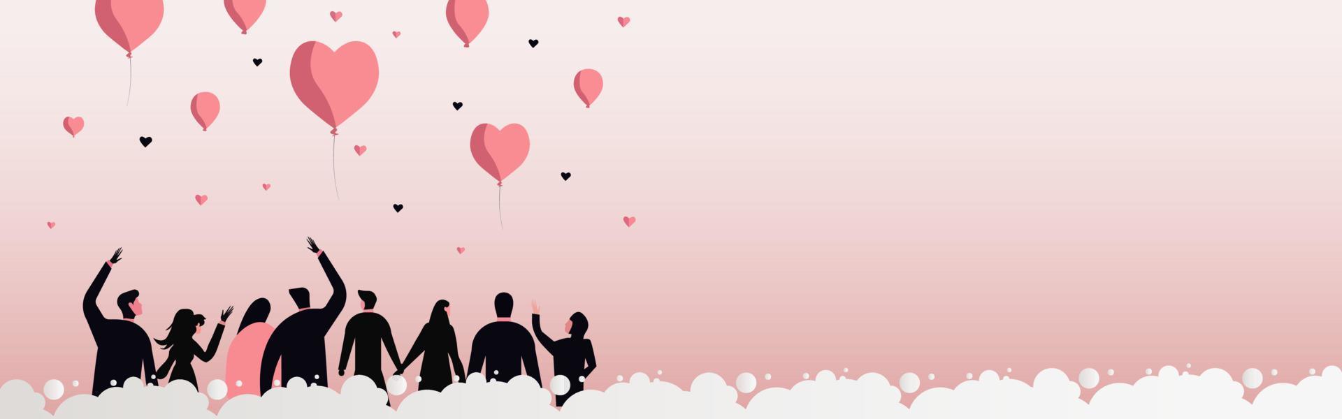 posterior ver de personas o parejas disfrutando con globos, corazón formas en ligero rosado antecedentes. San Valentín día o amor concepto. vector