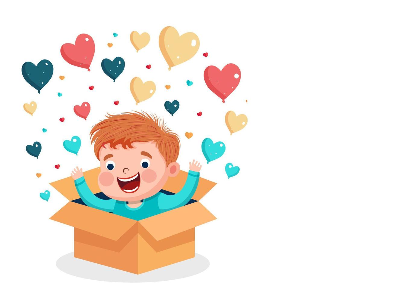 Excited Cute Boy With Heart Balloons Coming Out From Inside Surprise Box And Copy Space. vector