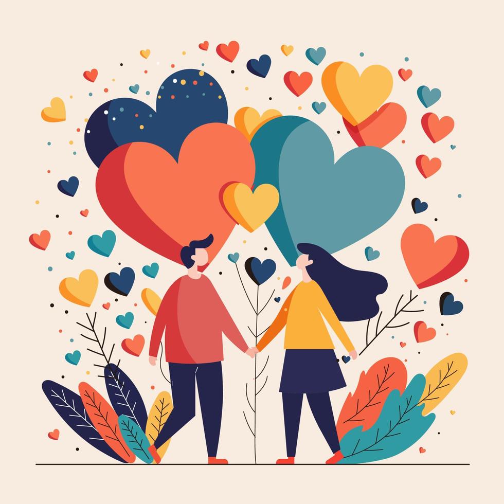 dibujos animados joven Pareja participación manos juntos con vistoso hojas y corazones decorado antecedentes. San Valentín día concepto. vector