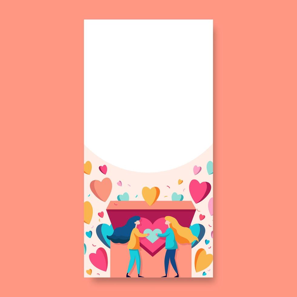 Vector Illustration Of Cartoon Young Girls Holding Heart And Colorful Hearts Coming Out From A Box With Copy Space. Vertical Banner Or Template Design.