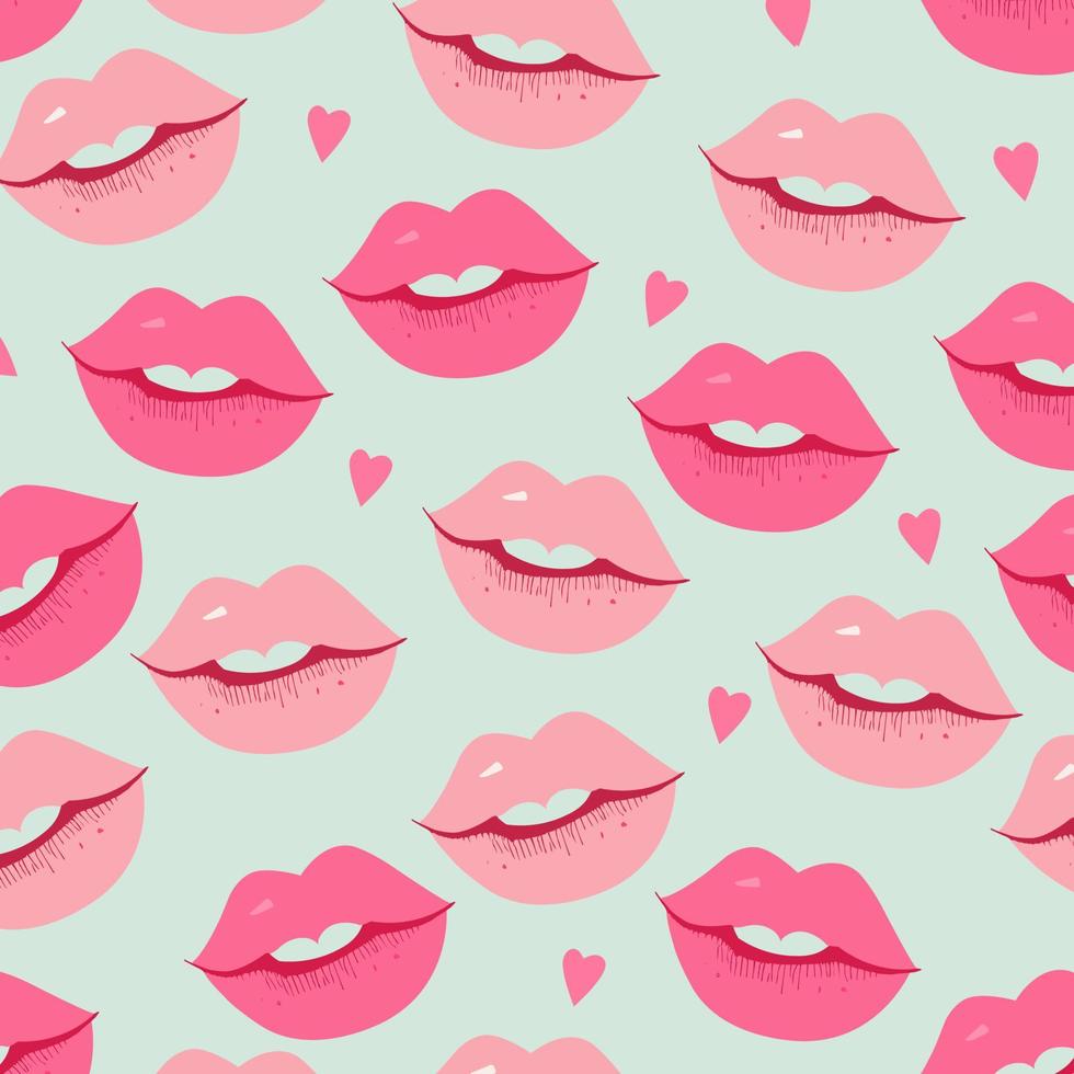 Beautiful Pink Lips Pattern Background With Hearts. Love or Valentine's Day Concept. vector