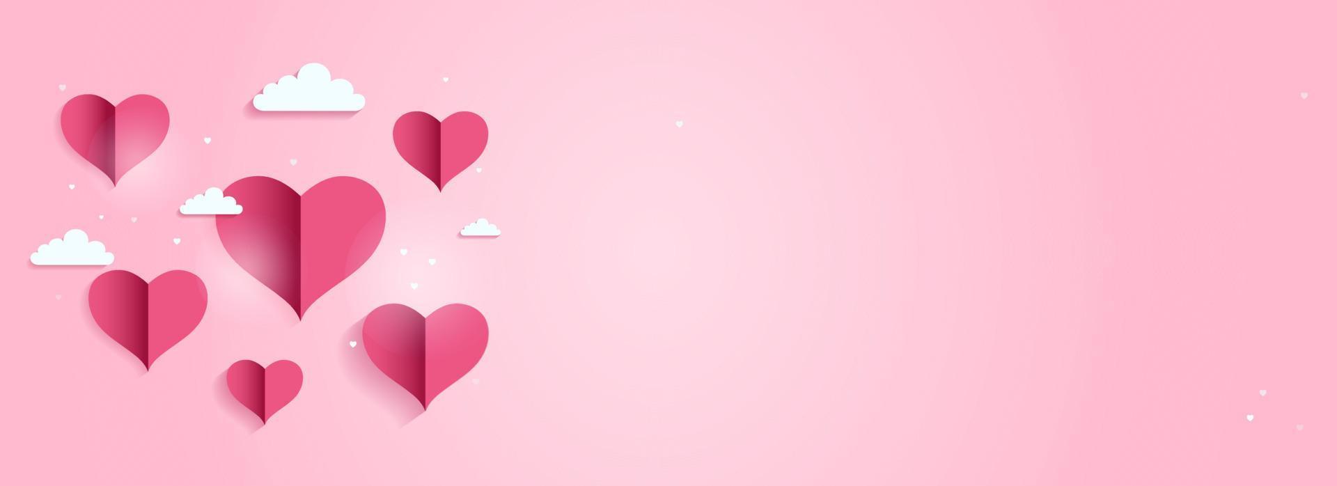 Paper Cut Heart Shape With Clouds On Pastel Pink Background And Copy Space. Love Or Valentine Concept. vector