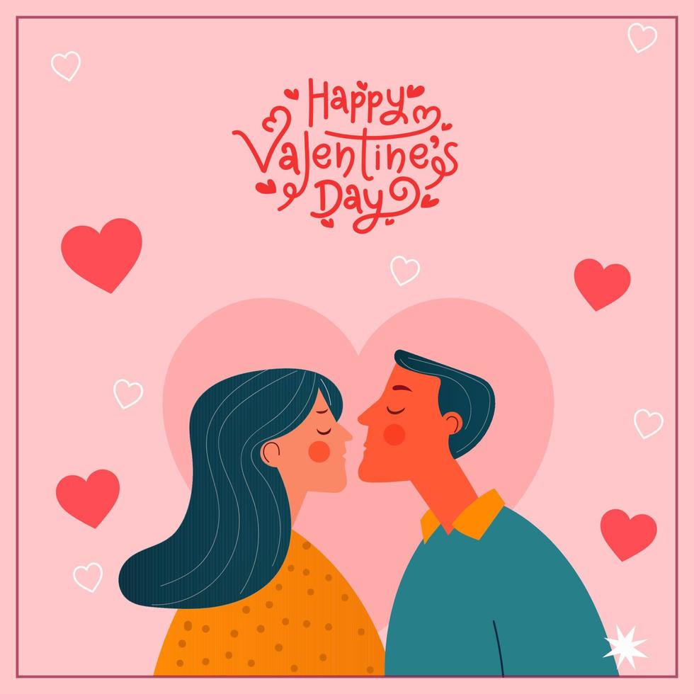 contento San Valentín día concepto con romántico joven Pareja personaje besos en corazones decorado rosado antecedentes. vector