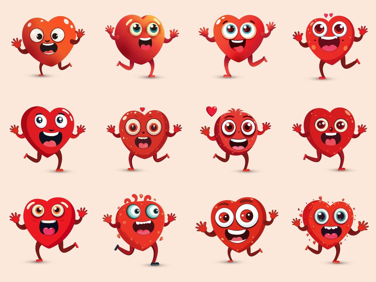 Set of Cute Red Heart Mascot Characters With Various Expressions In Running Poses. Happy Valentine's Day Concept. vector