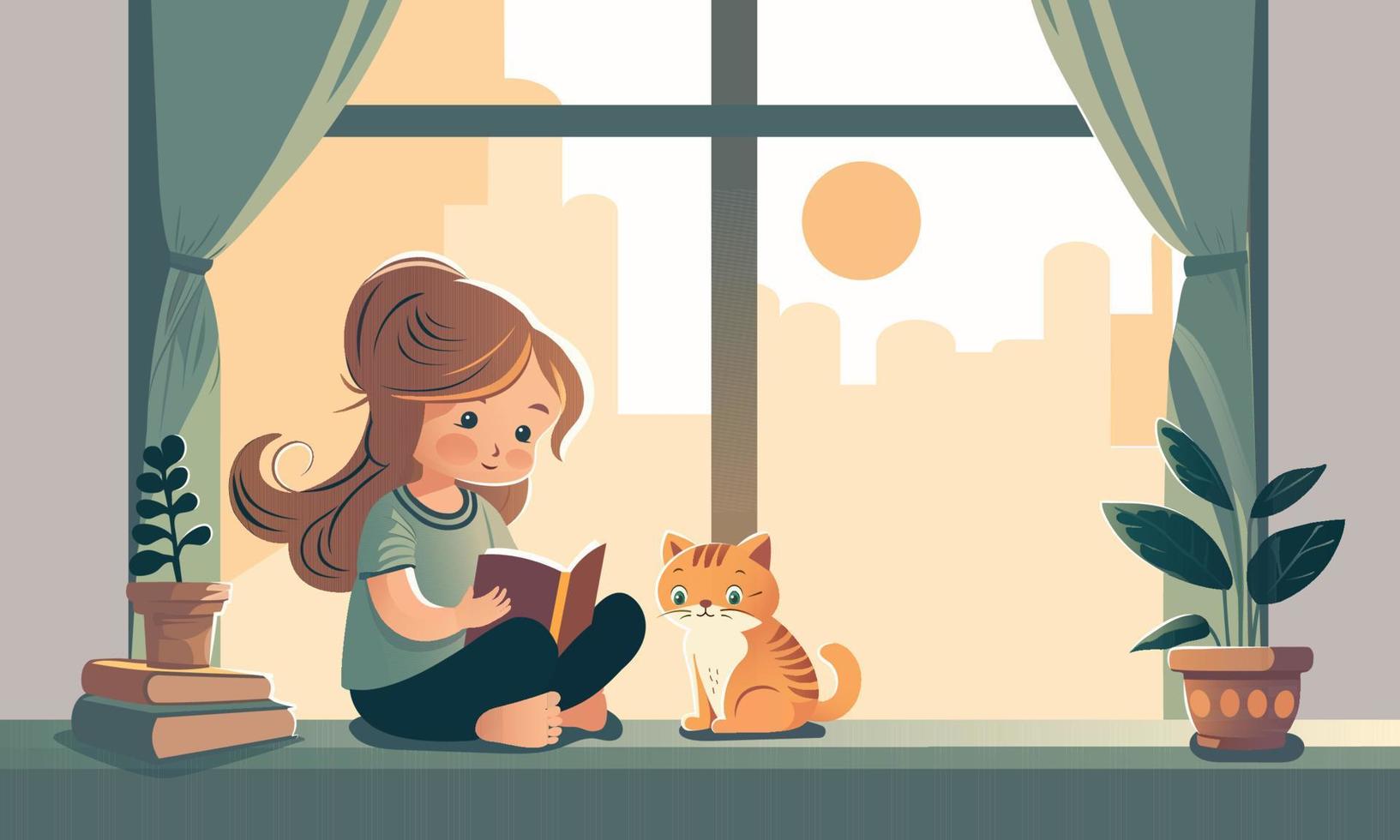 linda niña personaje leyendo un libro con dibujos animados gato sesión, planta florero y cortinas en Dom urbano ver mediante ventana. vector