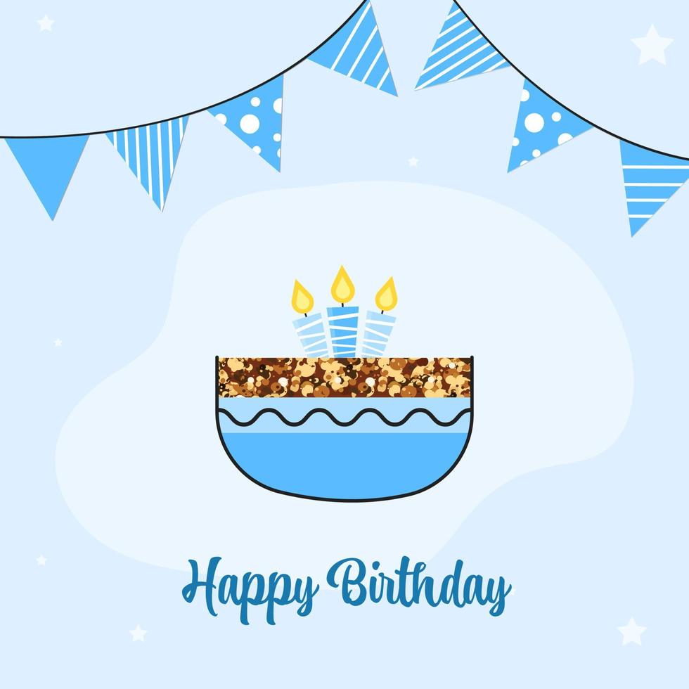 Happy Birthday Greeting Card With Cake, Burning Candles And Bunting Flags On Blue Background. vector