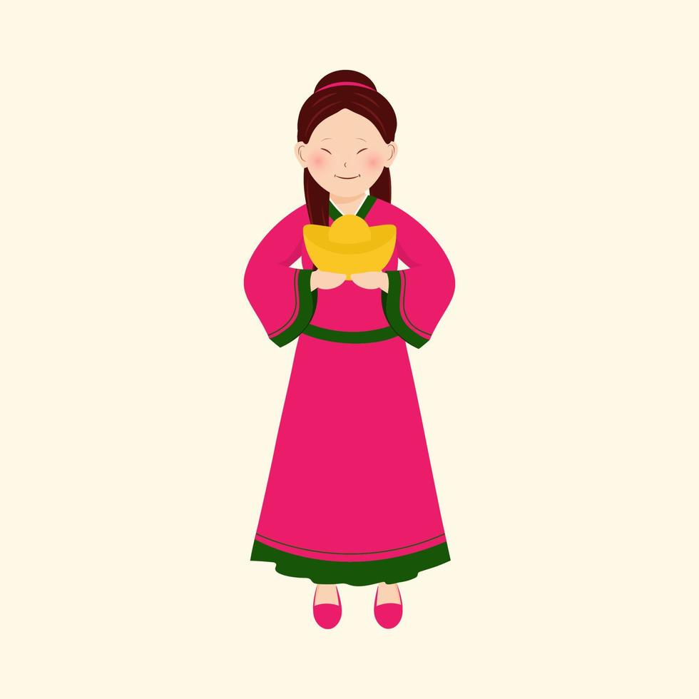 Character of Chinese Young Girl Holding Ingot On Beige Background. vector