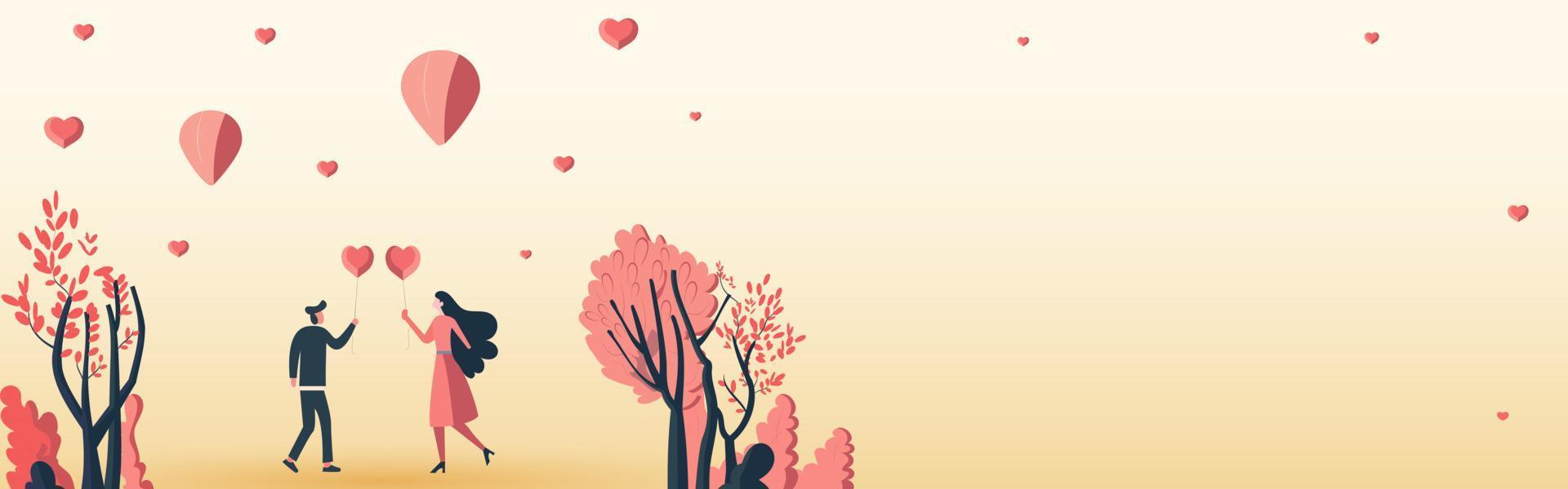 Cartoon Illustration of Young Couple Holding Heart Balloons And Nature View On Pastel Orange Background. Valentine's Day Concept. vector