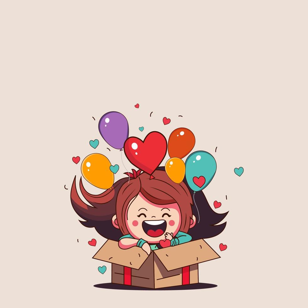 Excited Cute Girl Character With Balloons, Hearts Coming Out From Inside Surprise Box On Beige Background. vector