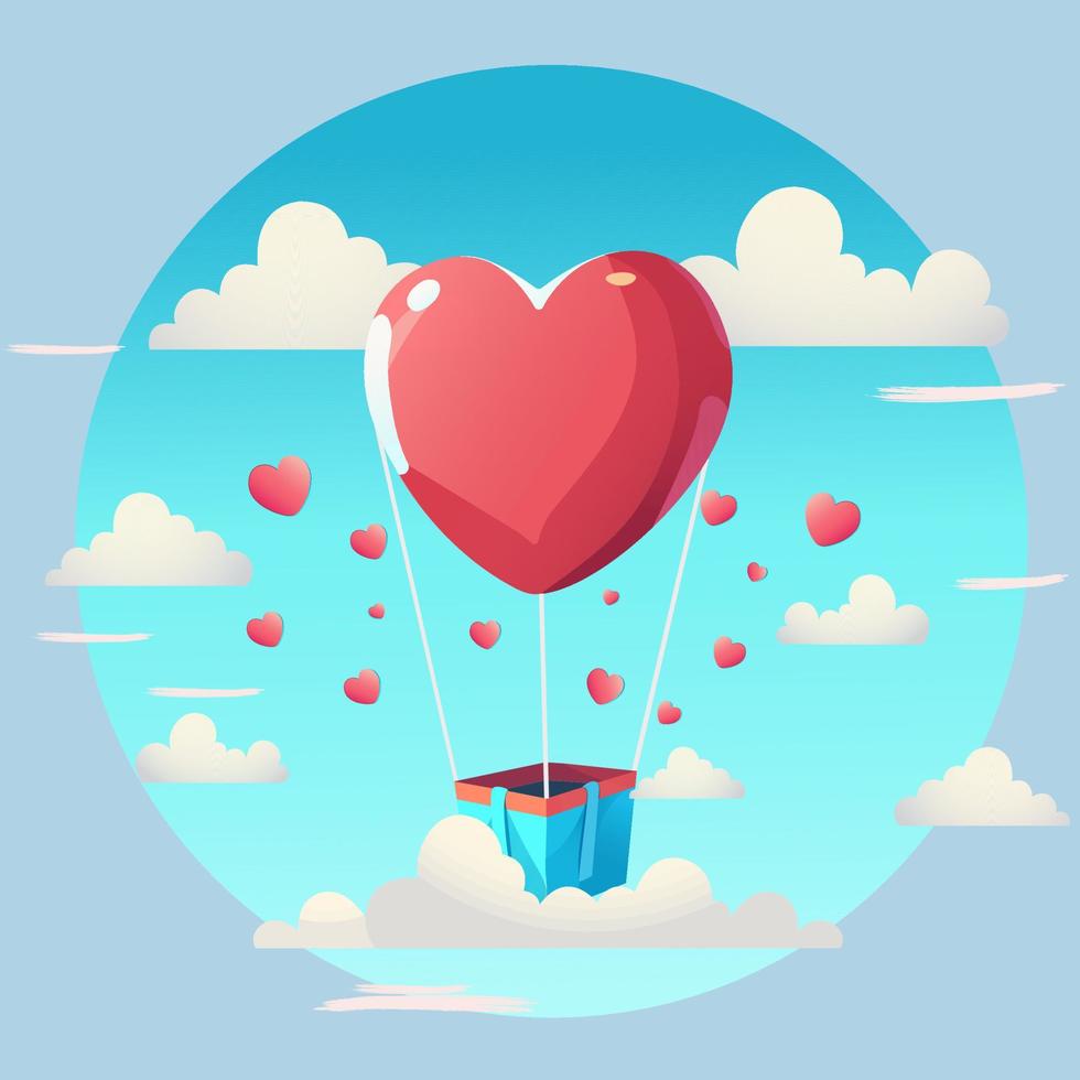 Illustration Of Red Heart Shape Balloons With Clouds Against Pastel Blue Circle Background. Love Or Valentine Concept. vector
