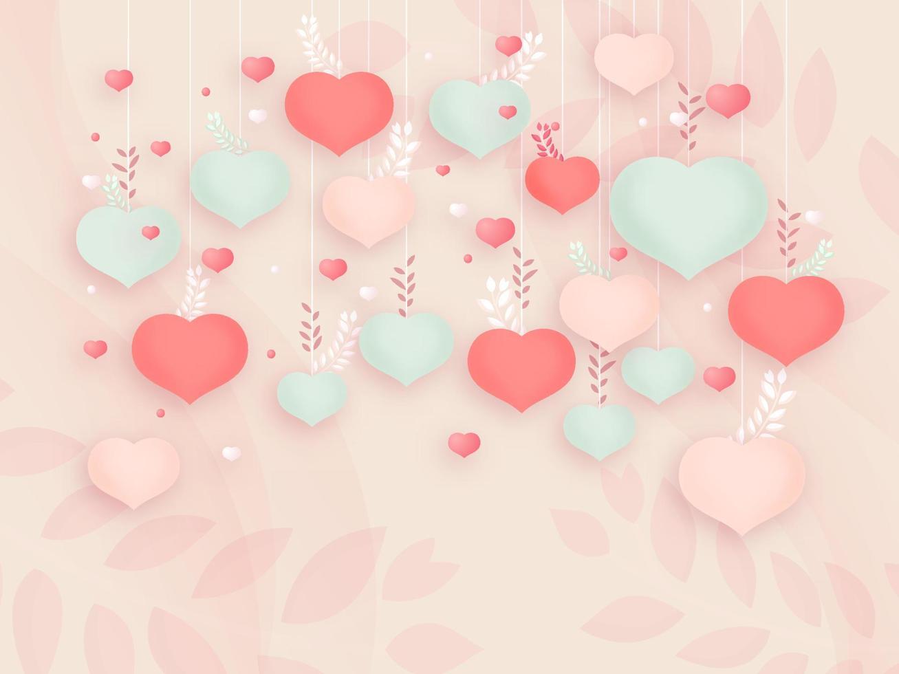 Hanging Soft Color Hearts Shape Decorated On Pastel Pink Leaves Background. Love or Valentines Day Concept. vector