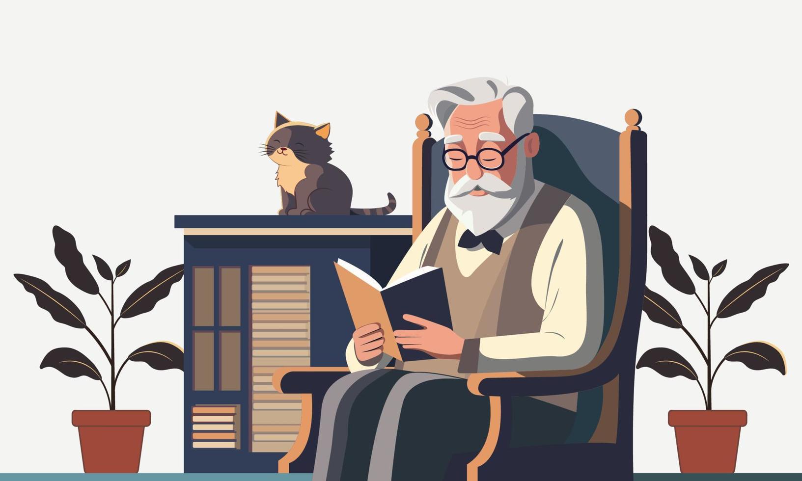 Elderly Man Character Reading Book On Chair, Plant Pots And Cat Sitting At Bookshelves Illustration. vector