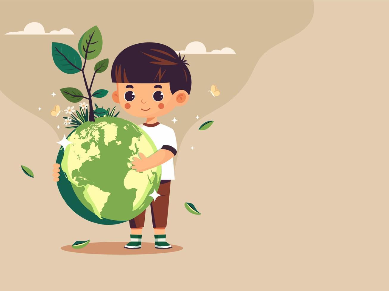 Cute Boy Character Holding Earth Globe With Floral Plants, Butterfly On Beige Background And Copy Space. vector