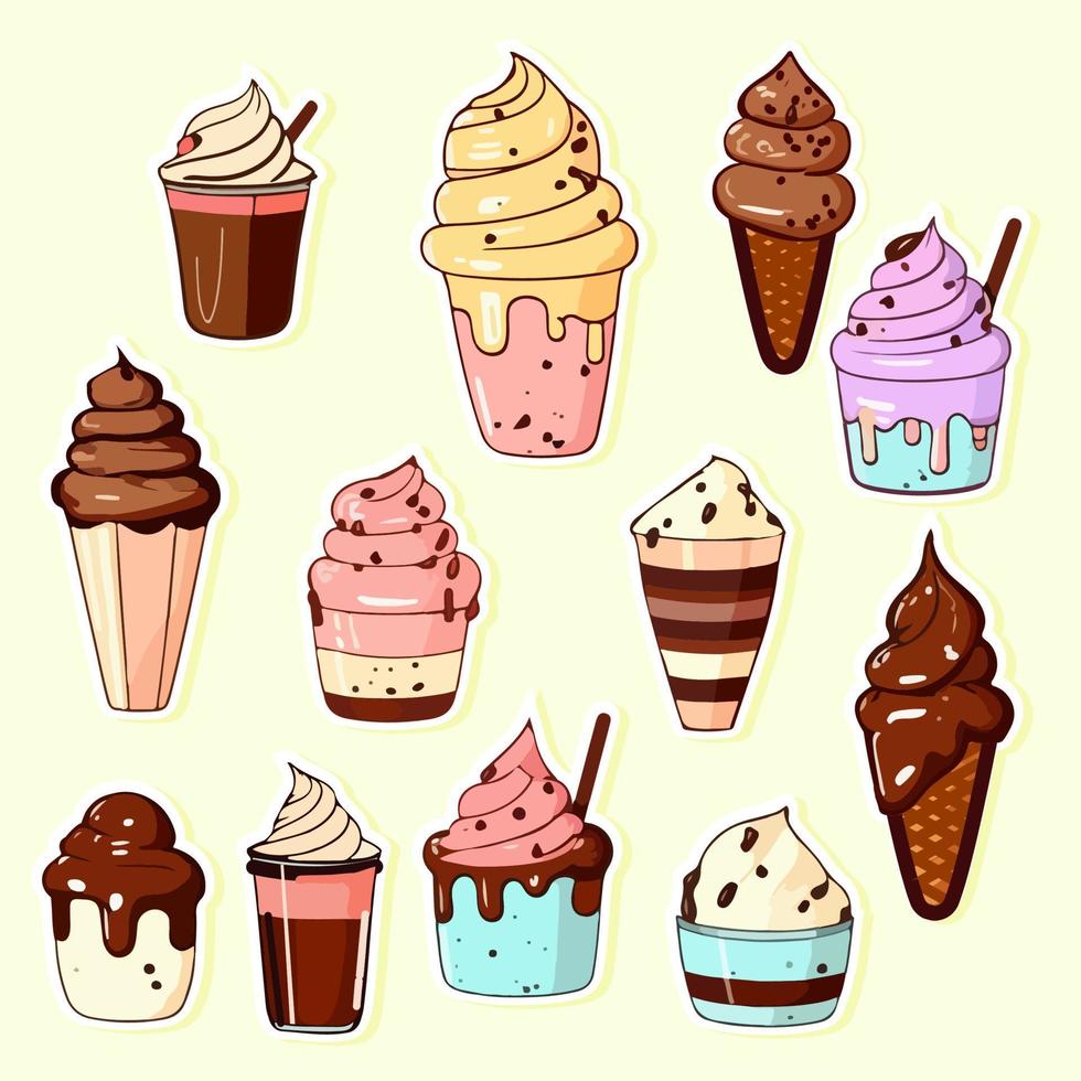 Illustration of Ice Cream Icons Set In Sticker Style. vector