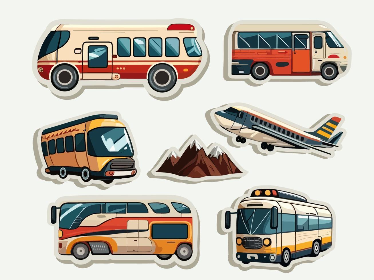 Collection of Transport Like As Bus, Airplane And Mountain Icons In Sticker Style. vector