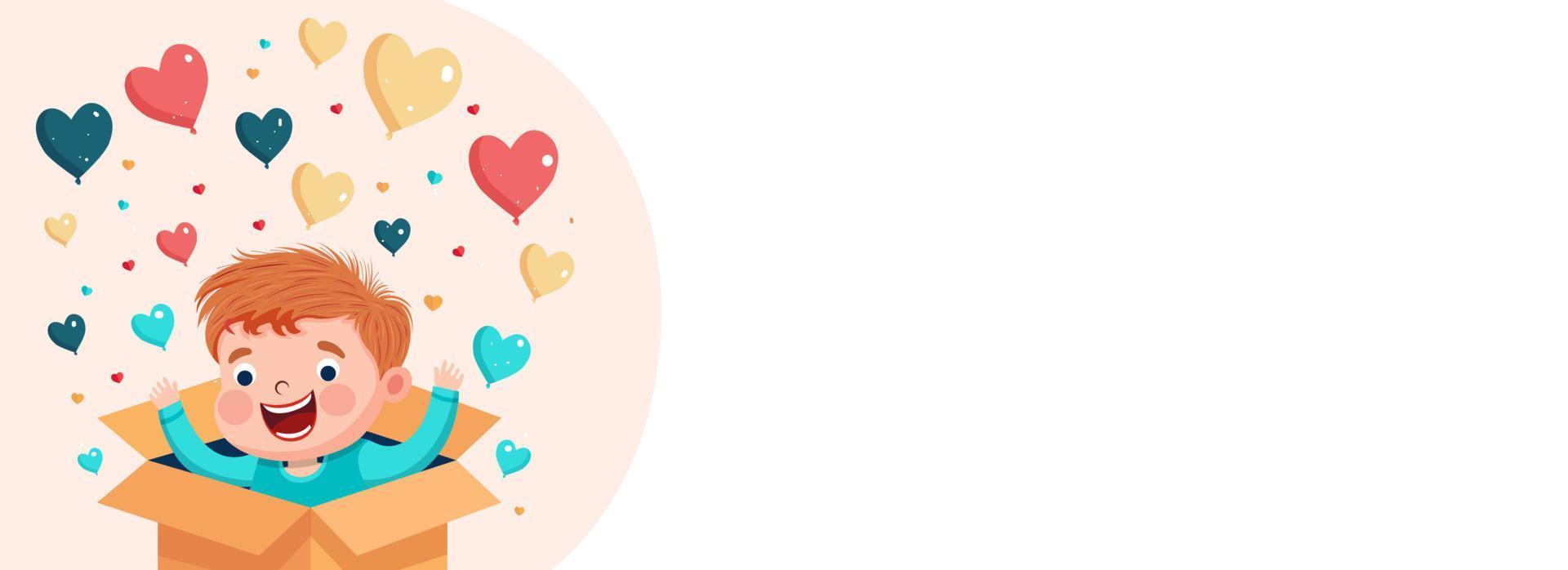 Excited Cute Boy With Heart Balloons Coming Out From Inside Surprise Box And Copy Space. Header Or Banner Design. vector