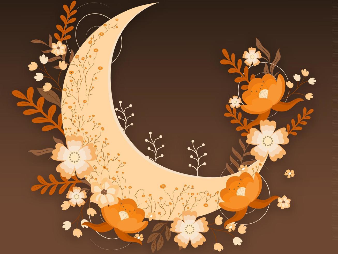 Beautiful Floral Decorated Crescent Moon On Brown Background. vector