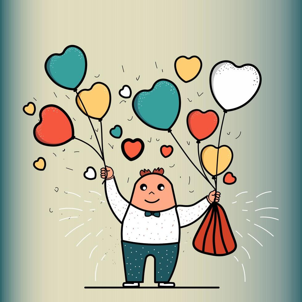 dibujos animados hombre o chico participación vistoso corazones globos pastel dorado y azul antecedentes. amor o enamorado' día concepto. vector