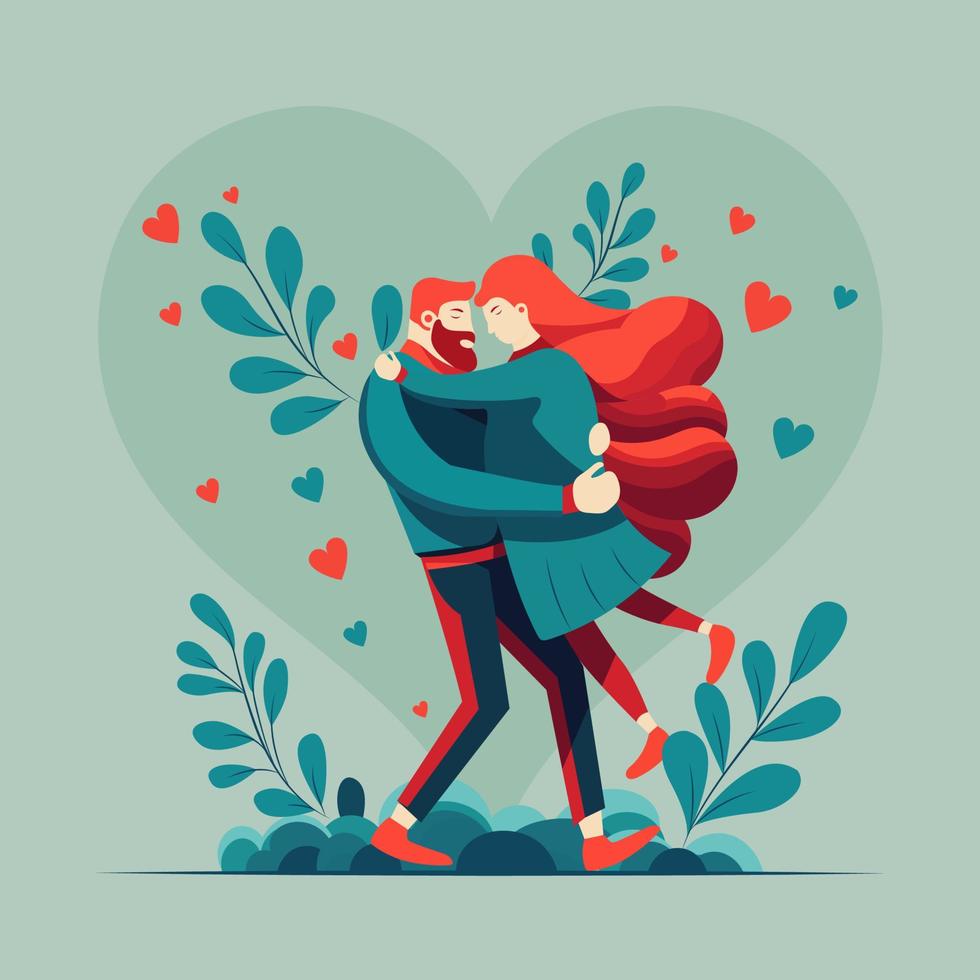 Young Man Picked Up His Girlfriend On Light Teal Background Decorated With Leaves. Happy Valentine's Day Concept. vector