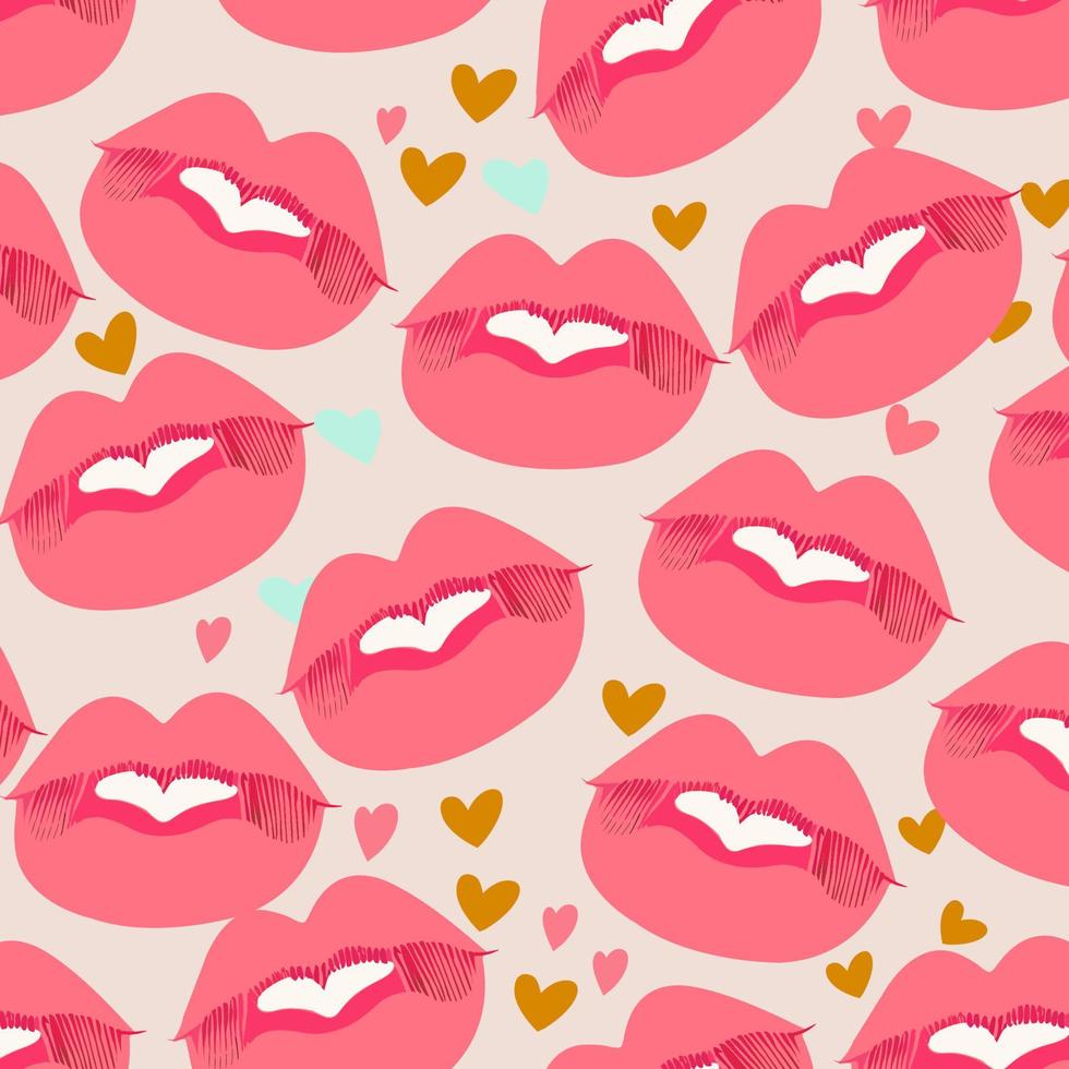 Pastel Red Lips And Hearts Pattern Background. Love or Valentine's Day Concept. vector
