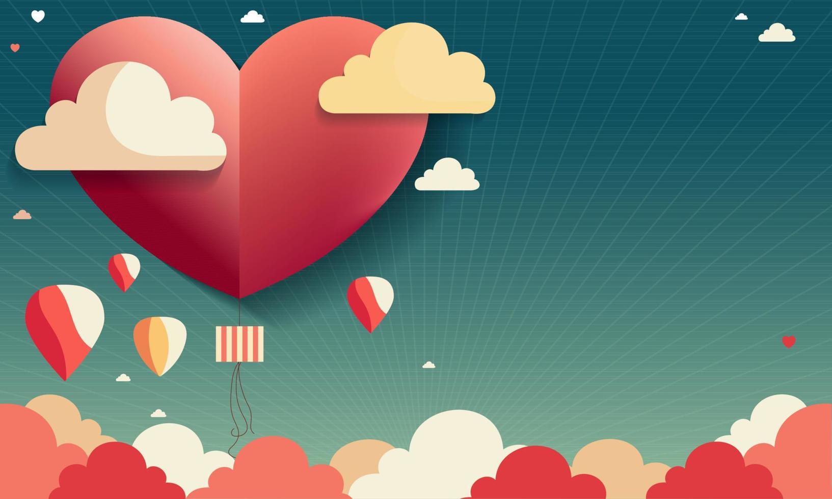 Beautiful Red Paper Heart Shape Balloon With Rays, Colorful Clouds Background And Copy Space For Love Or Valentine Concept. vector