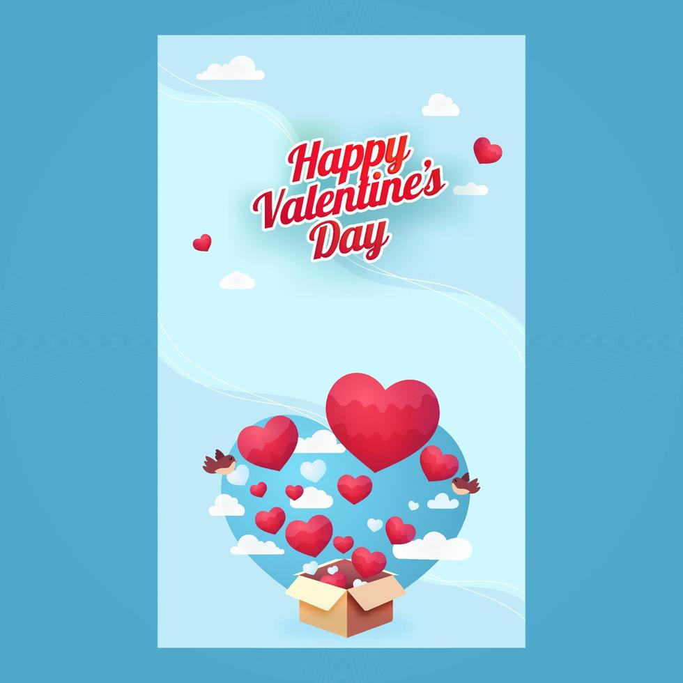 pegatina estilo contento San Valentín día fuente con rojo corazones viniendo fuera de cartulina caja, volador aves y nubes en cielo azul antecedentes. vector