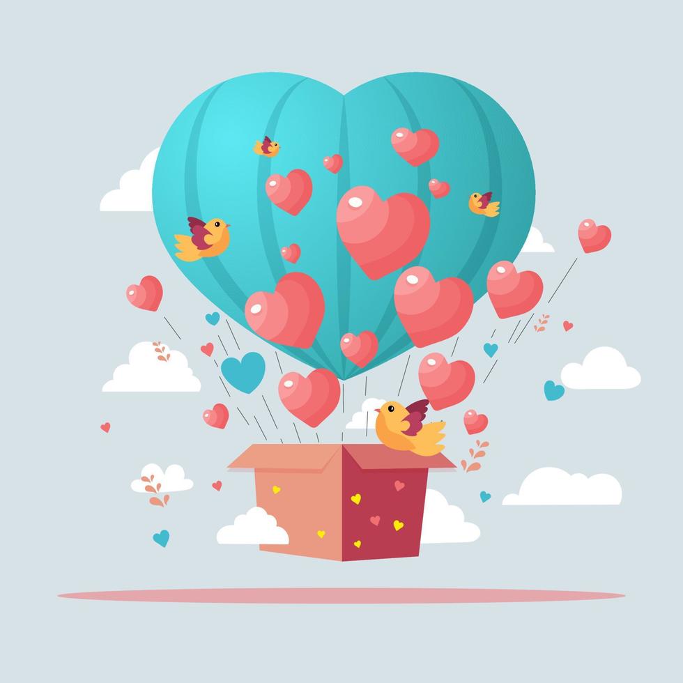 Hearts Coming Out of Cardboard Box With Flying Birds On Clouds Decorated Background. Love Concept. vector