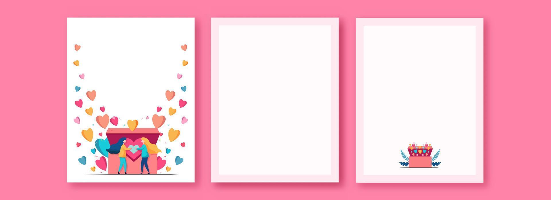 Valentine's Day Greeting Cards With Young Girls Character Holding A Heart Together And Colorful Tiny Hearts Coming Out of Cardboard Box. vector