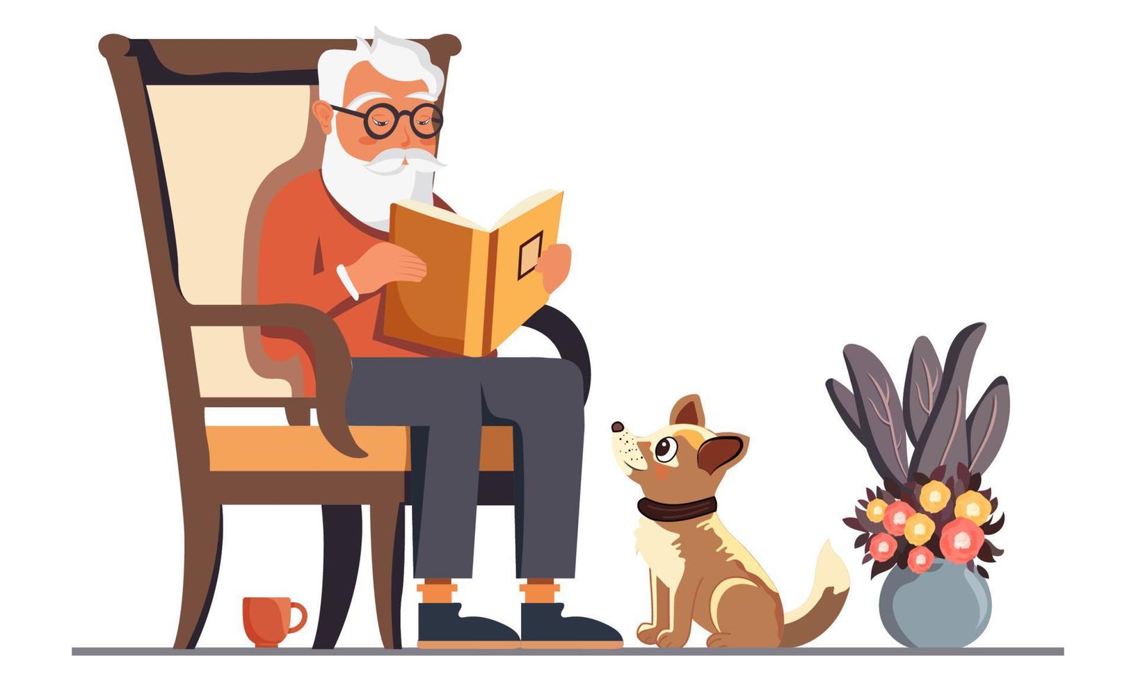 mayor barba hombre leyendo un libro a silla en frente de perro, flor planta maceta en blanco antecedentes. vector