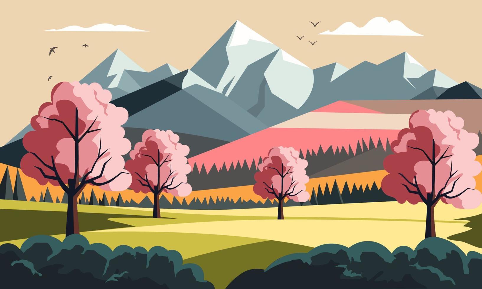 Beautiful Nature Landscape Background With Mountains, Trees And Flying Birds. vector