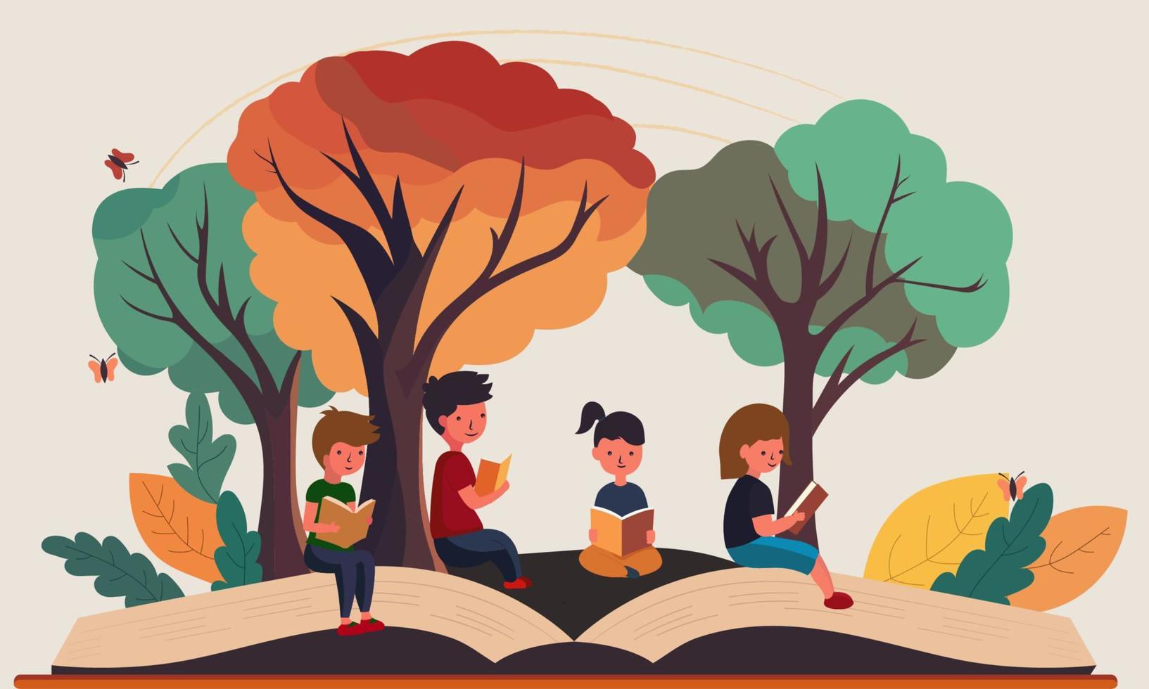 Vector Illustration of Children Characters Reading Book And Large Open Book Against Nature Background.