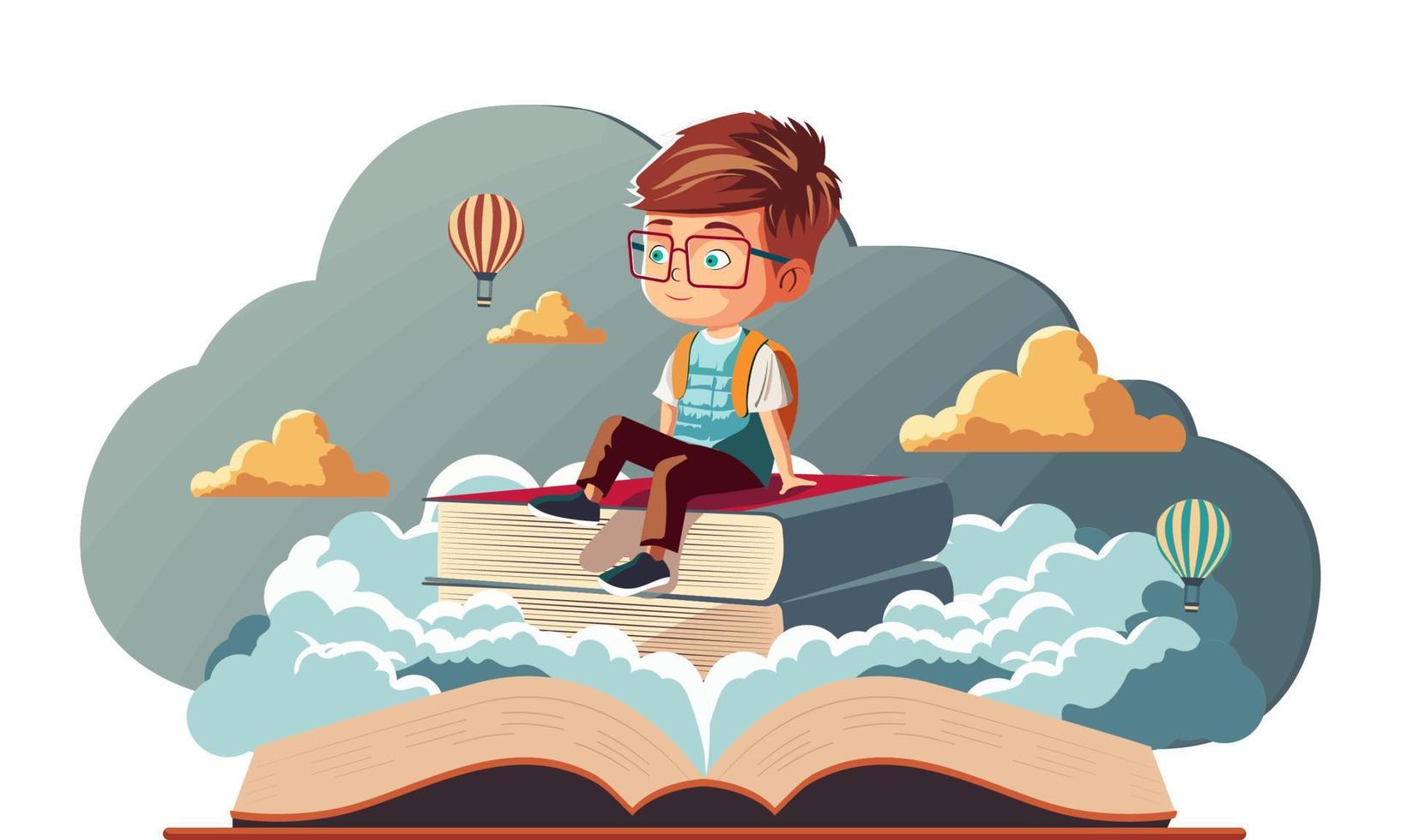 Student Boy Character Sitting On Book Stack With Hot Air Balloons On Clouds Background. vector
