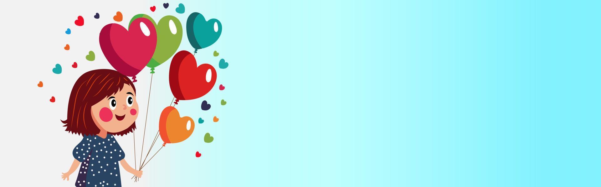 Cartoon Young Girl Holding Bunch of Colorful Heart Balloons With Copy Space On Cyan And White Background. vector