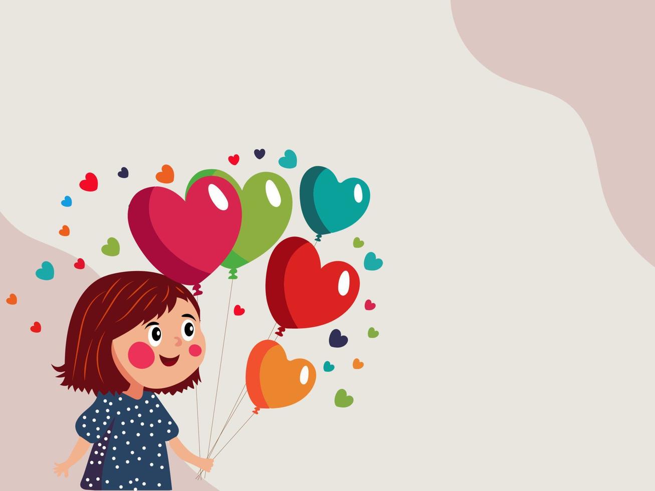 Cartoon Young Girl Holding Bunch of Colorful Heart Balloons And Copy Space On Beige Background. vector