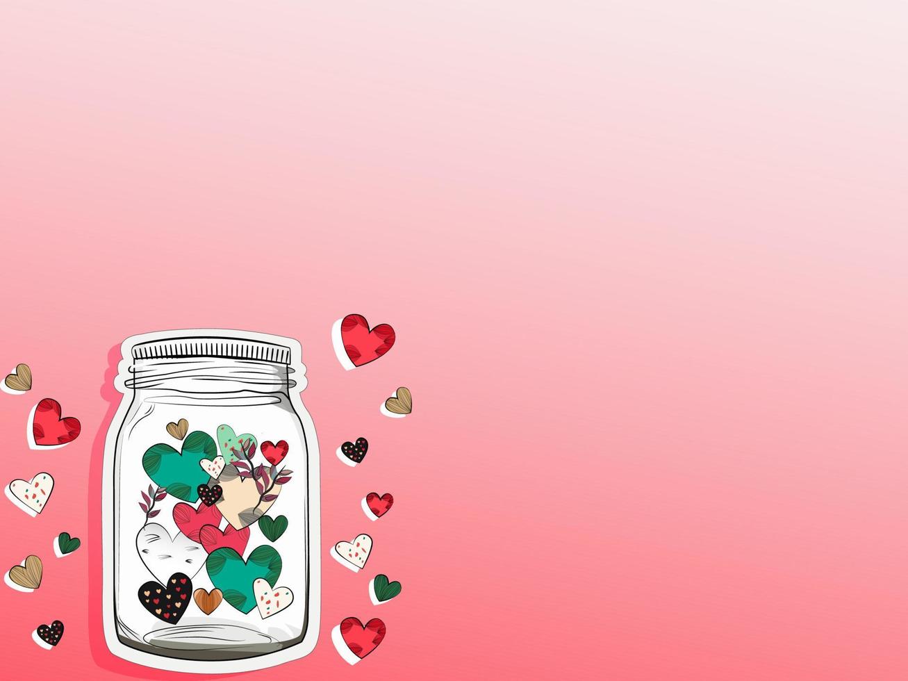 Vector Colorful Hearts With Leaves Inside Glass Jar Sticker On Glossy Pink Background For Love or Valentine's Day.
