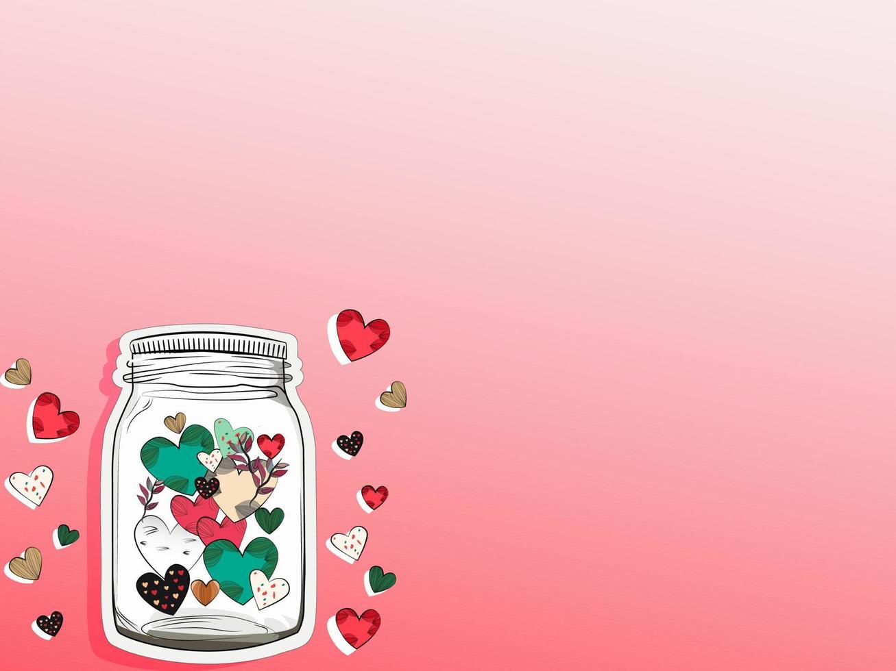 vector vistoso corazones con hojas dentro vaso tarro pegatina en lustroso rosado antecedentes para amor o San Valentín día.