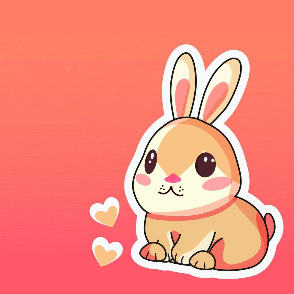 Sticker Style Cute Rabbit Or Bunny Sitting With Hearts On Pastel Red Background. Love Or Valentine's Day Concept. vector