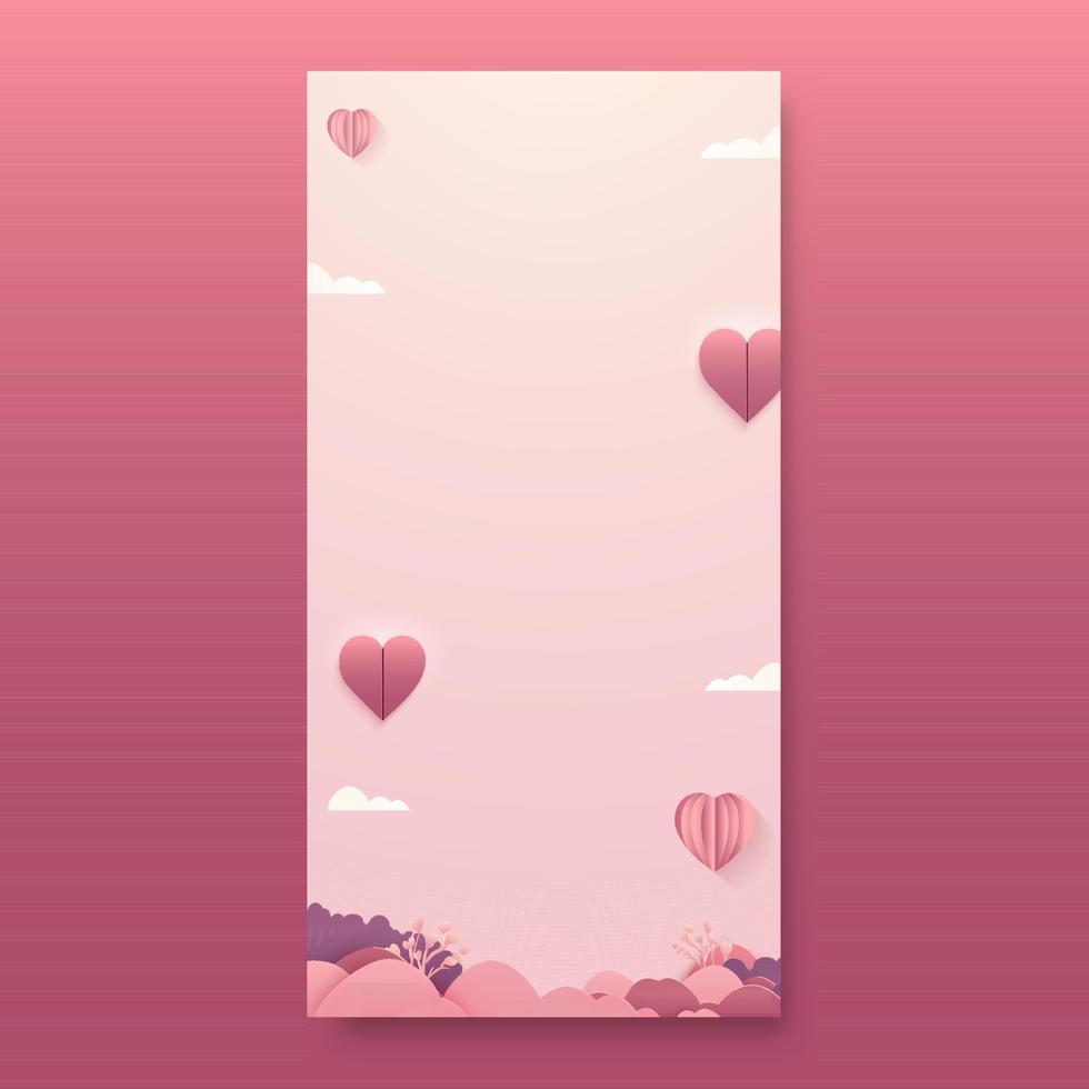 Origami Paper Heart Shapes With Clouds, Love Plants And Copy Space On Pastel Pink Background. vector