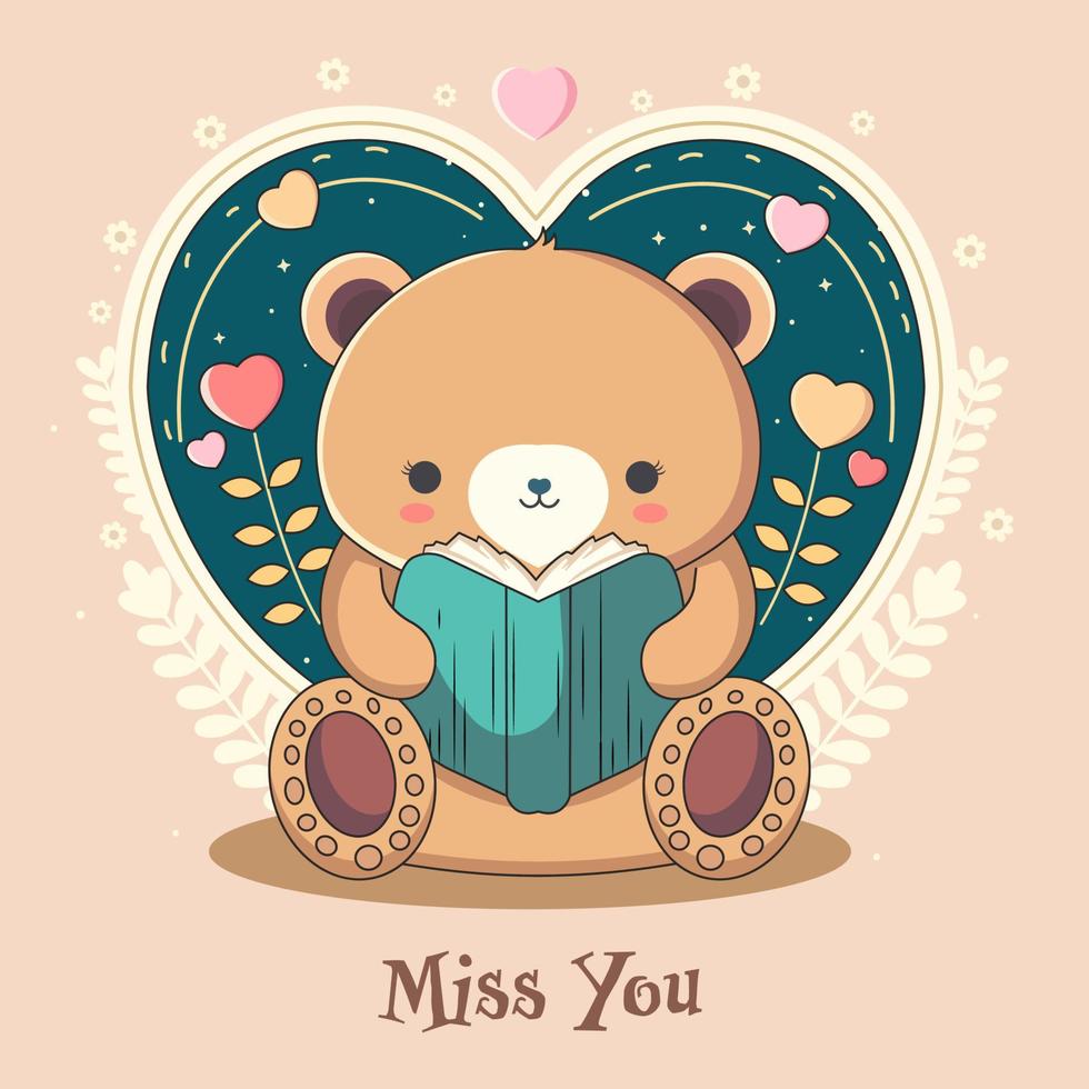 Vector Illustration of Cute Teddy Bear Reading A Book, Leaves, Heart Shapes On Peach Background And MISS YOU Text. Happy Valentine's Day Concept.