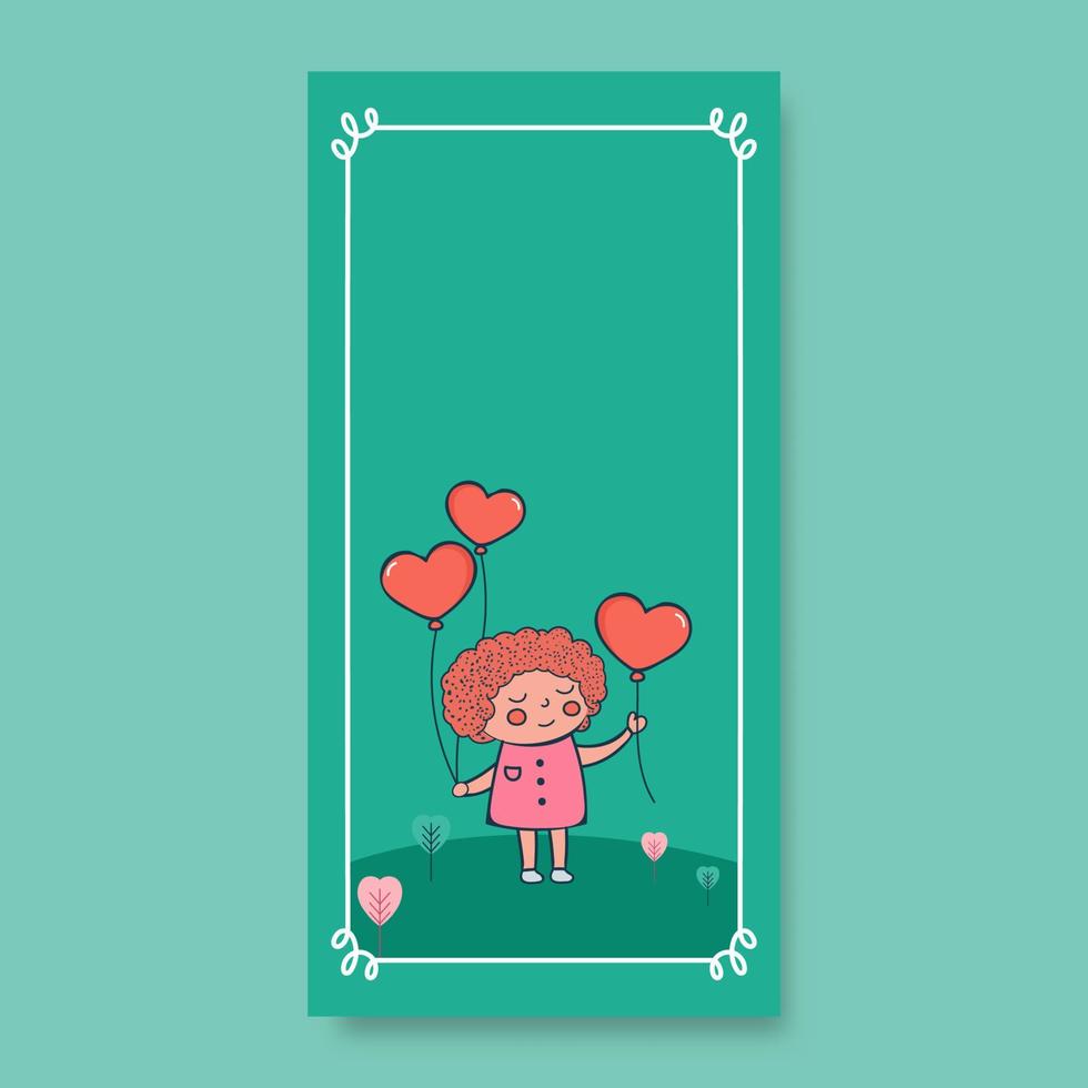 Cute Little Girl Holding Hearts Balloons On Green Leaves Landscape Background And Copy Space. Love Or Valentine Concept. vector