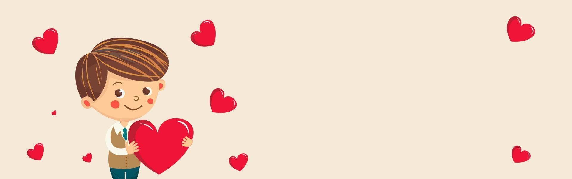Smiley Boy Character Holding A Red Heart With Tiny Heart Shapes On Beige Background And Copy Space. Happy Valentine's Day Concept. vector