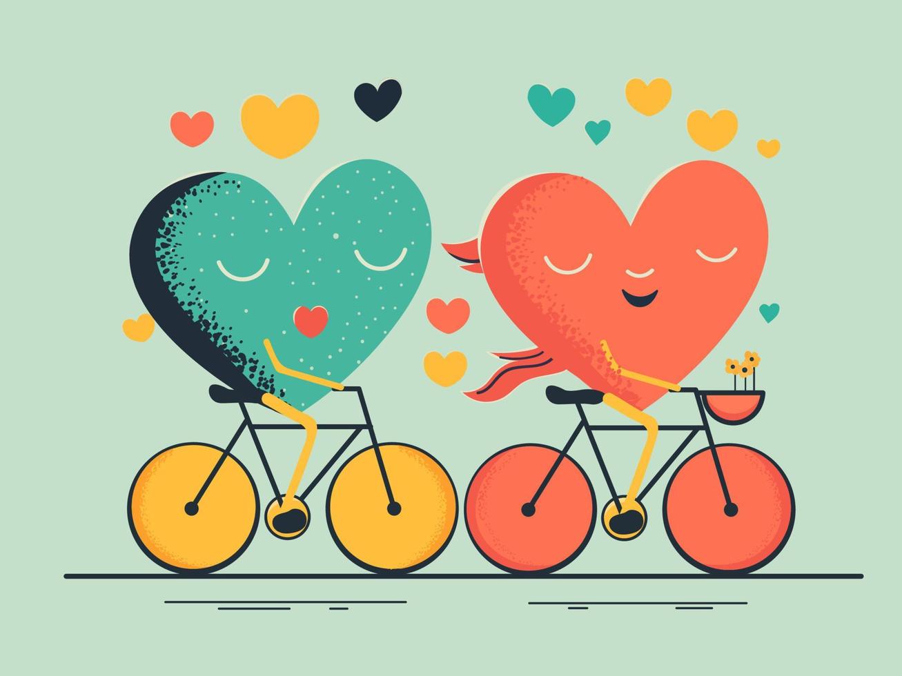 Two Funny Hearts Riding On Their Bicycle For Love Concept. vector