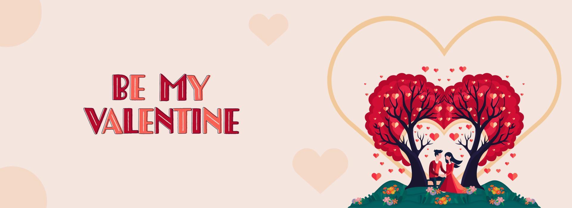 BE MY VALENTINE Quote With Romantic Couple Sitting Under The Hearts Trees In Nature View. Happy Valentine's Day Concept. vector